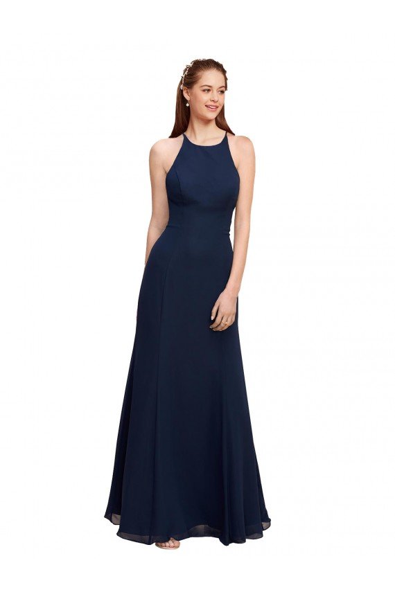 High Halter Fit and Flare Long Chiffon Prom Dress with Criss Cross Low Back UK