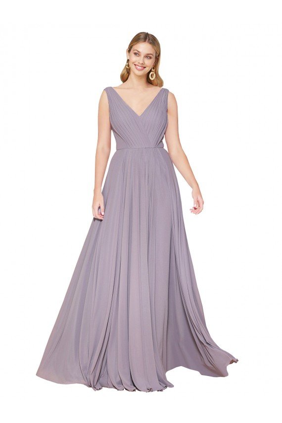 Draped Floor Length High Neck V-Back Chiffon Prom Dress with Shirred Bodice UK