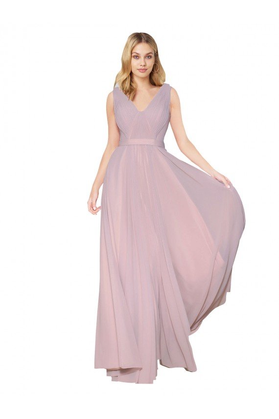 Draped V-Neck Long Chiffon Prom Dress with Shirred Bodice UK