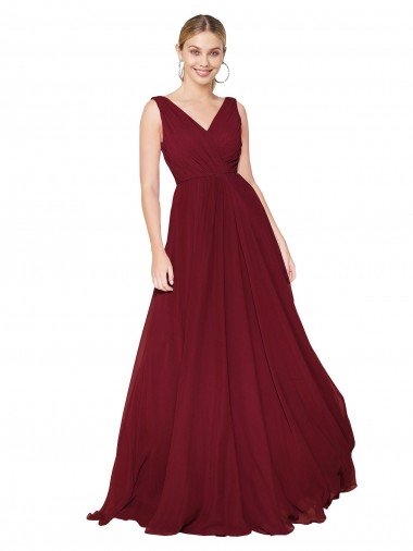 Draped A-Line V-Neck Floor Length Chiffon Prom Dress UK