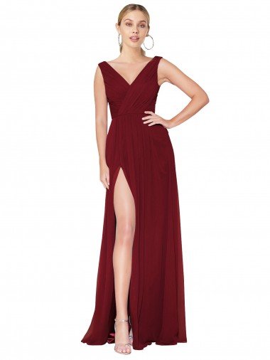 Draped Mermaid Long V-Neck Chiffon Prom Dress with High Slit UK