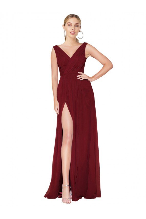 Draped Mermaid Long V-Neck Chiffon Prom Dress with High Slit UK