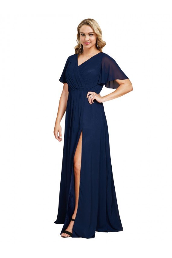 Chiffon V-Neck Short Sleeves Long Prom Dress with High Slit UK