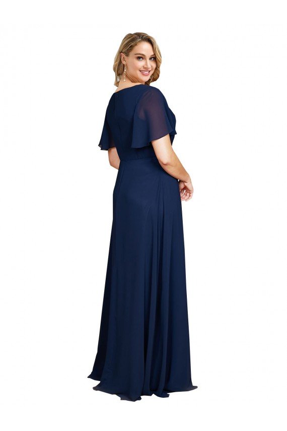 Chiffon V-Neck Short Sleeves Long Prom Dress with High Slit UK
