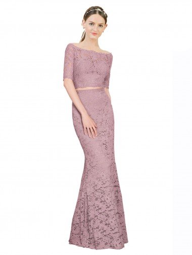 Short Sleeves Crop Top Mermaid Lace Prom Dress UK