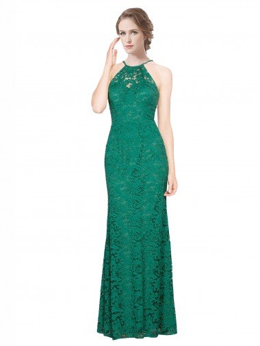 High Illusion Halter Neck Long Lace Prom Dress UK