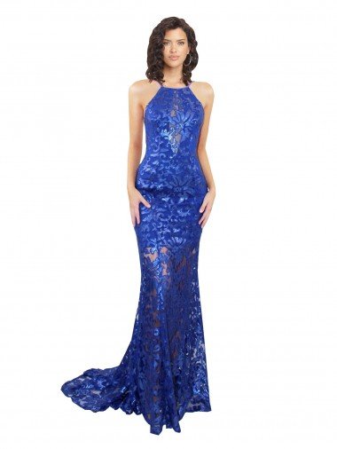 High Neck Long Open Back Lace Prom Dress with Train UK
