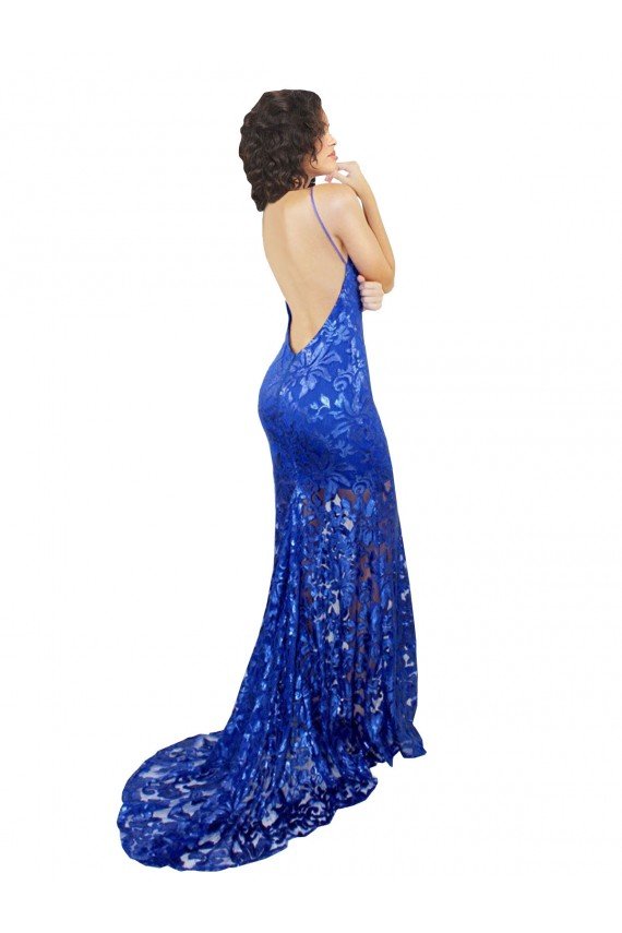 High Neck Long Open Back Lace Prom Dress with Train UK
