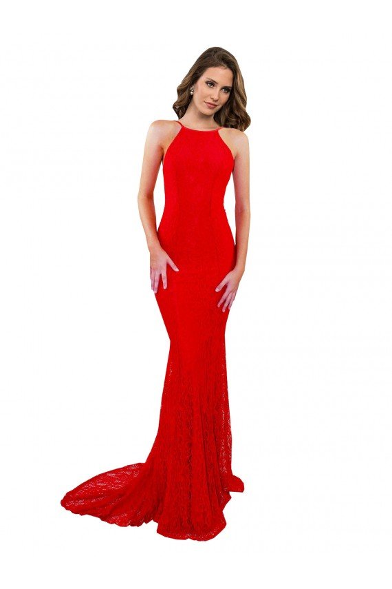 High Neck Long Lace Prom Dress with Open Back Straps UK