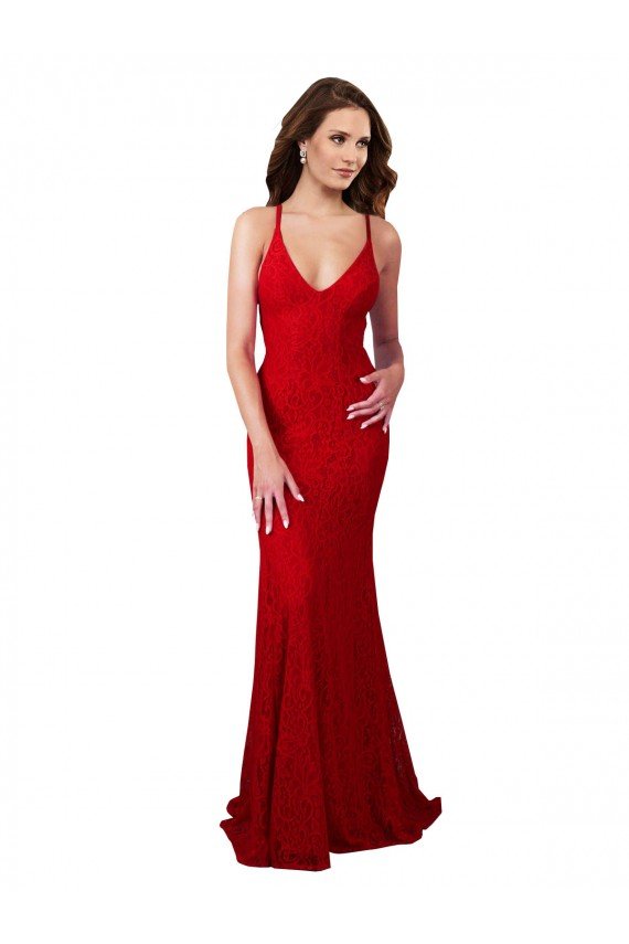 Low Back V-Neckline Floor Length Lace Prom Dress UK