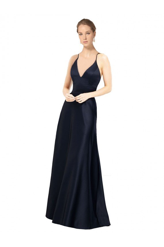 Sexy Satin Prom Dress with Deep V-Neckline and Strappy Back UK