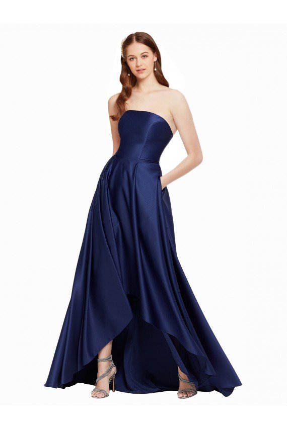 High Low Strapless Satin Prom Dress with Pockets UK