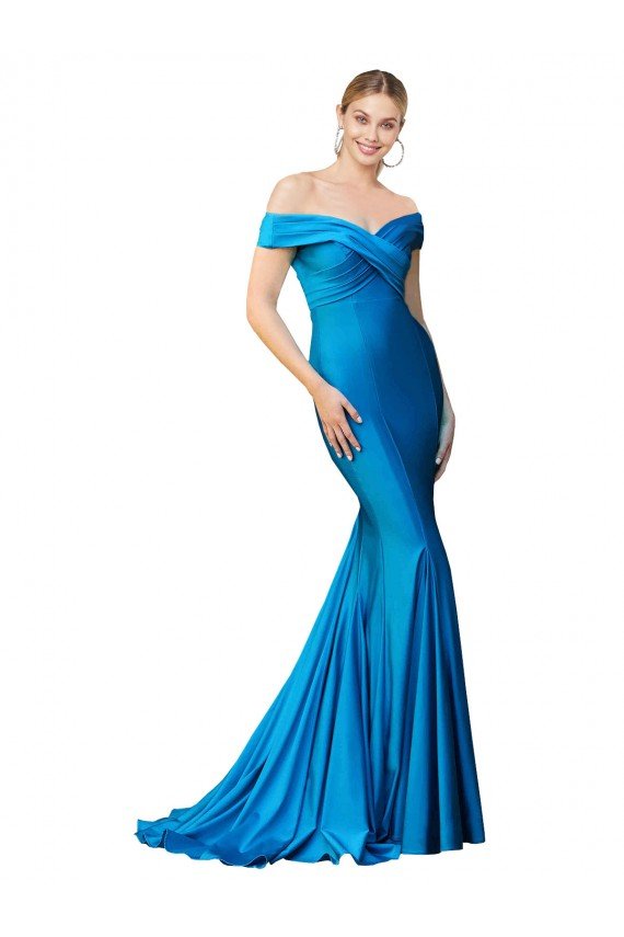 Off the Shoulder Long Chapel Train Satin Prom Dress UK
