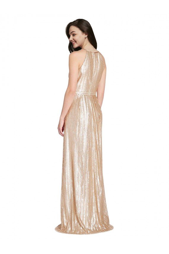 Floor Length Halter Neck Sparkling Sequin Prom Dress with Pleats UK