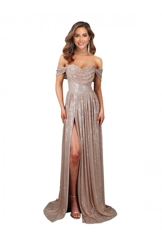 Strapless Scoop Neck Off the Shoulder Long Sequin Prom Dress with High Slit UK