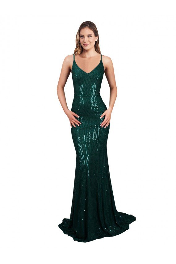 Fishtail Shaped V-Neck Open Back Long Sequin Prom Dress UK