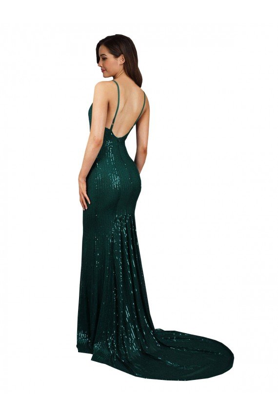 Fishtail Shaped V-Neck Open Back Long Sequin Prom Dress UK