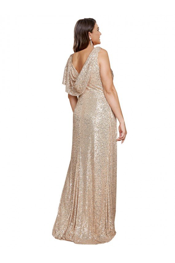 Deep V-Neck Sleeveless Sparkling Sequin Prom Dress with Draped Cowl Back UK