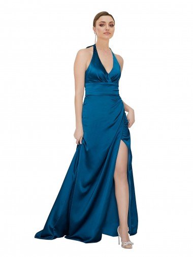 Halter Neck Silky Satin Prom Dress UK