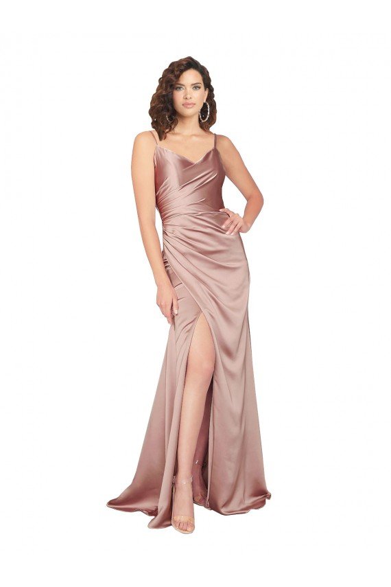 Floor Length Silky Satin Prom Dress with Front Skirt Slit UK