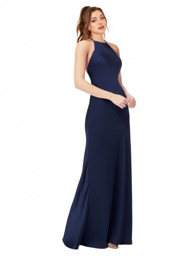 High Neck Satin Prom Dress with Strappy Back UK