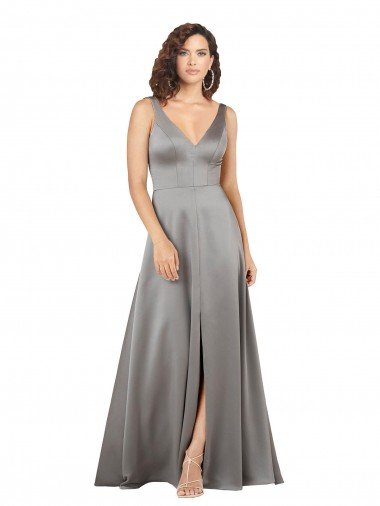 Plunging V-Neckline Long A-Line Silky Satin Prom Dress UK