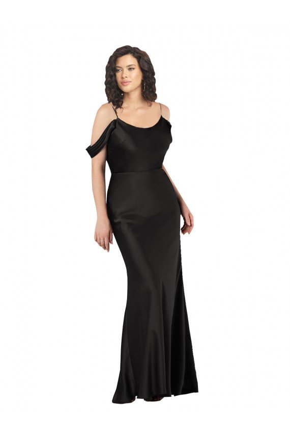 Off the Shoulder Sleeves Silky Satin Prom Dress with Skirt Slit UK