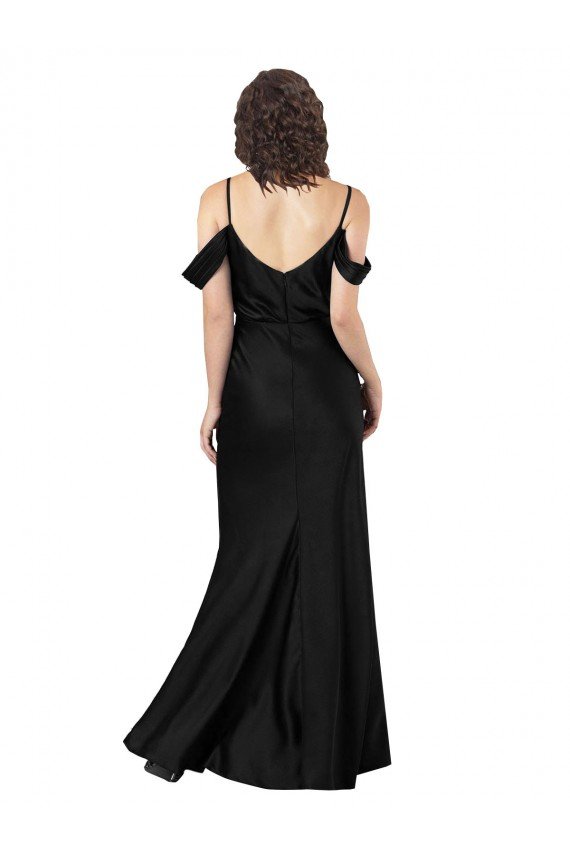Off the Shoulder Sleeves Silky Satin Prom Dress with Skirt Slit UK