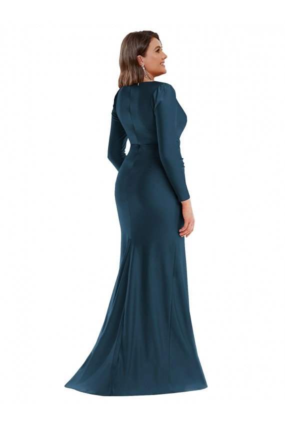 Long Sleeves Draped Wrap Silky Satin Mermaid Prom Dress with Front Slit UK