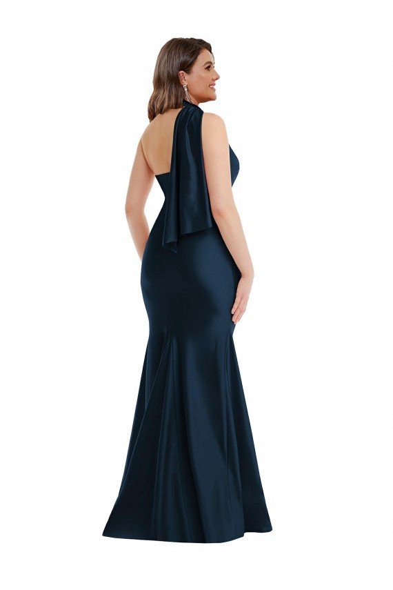 Scarf Neck One Shoulder Silky Satin Mermaid Prom Dress with Front Slit UK