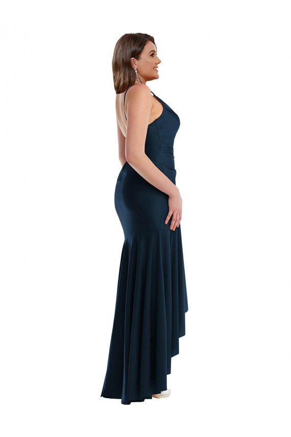Pleated Wrap Ruffled High Low Silky Satin Prom Dress UK