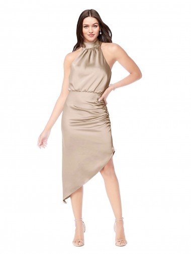 Silky Satin High Low Midi Length Cocktail Prom Dress / Homecoming Dress with Asymmetric Skirt UK