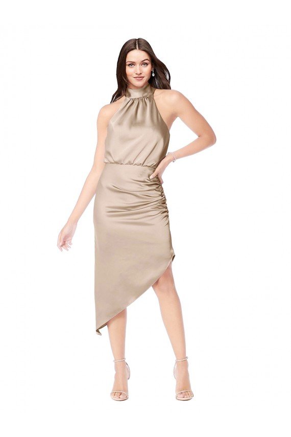 Silky Satin High Low Midi Length Cocktail Prom Dress / Homecoming Dress with Asymmetric Skirt UK