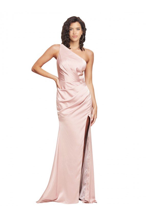 Full Length Ruched Silky Satin Prom Dress with Low Back and High Split UK