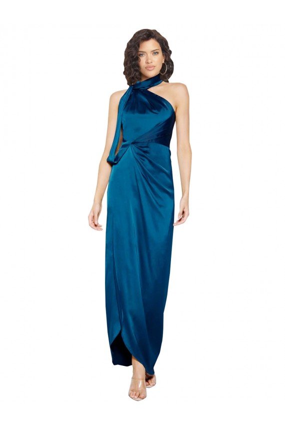 High Halter Neck Silky Satin Prom Dress with Sash Overlay and Side Split UK