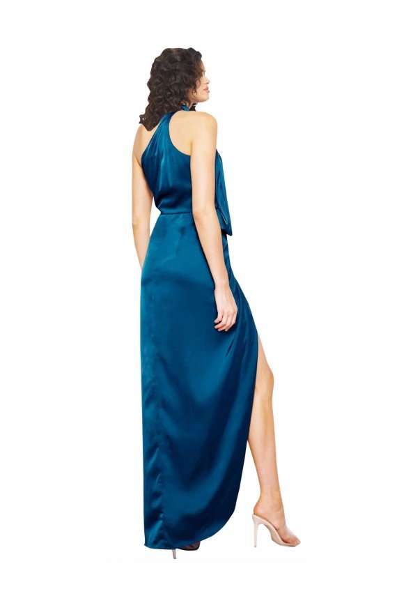 High Halter Neck Silky Satin Prom Dress with Sash Overlay and Side Split UK