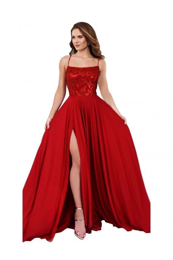 Lace Over Bodice Long Spandex Prom Dress with Slit UK