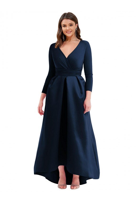Long Sleeves Wrapped Spandex Prom Dress with High Low Full Skirt and Pockets UK