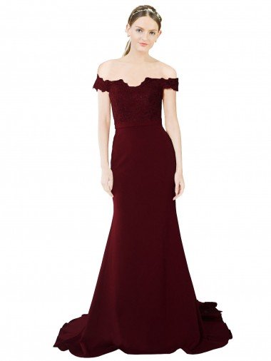 Full Length Off the Shoulder Formal Crepe Prom Dress with Lace On Bodice and Back UK