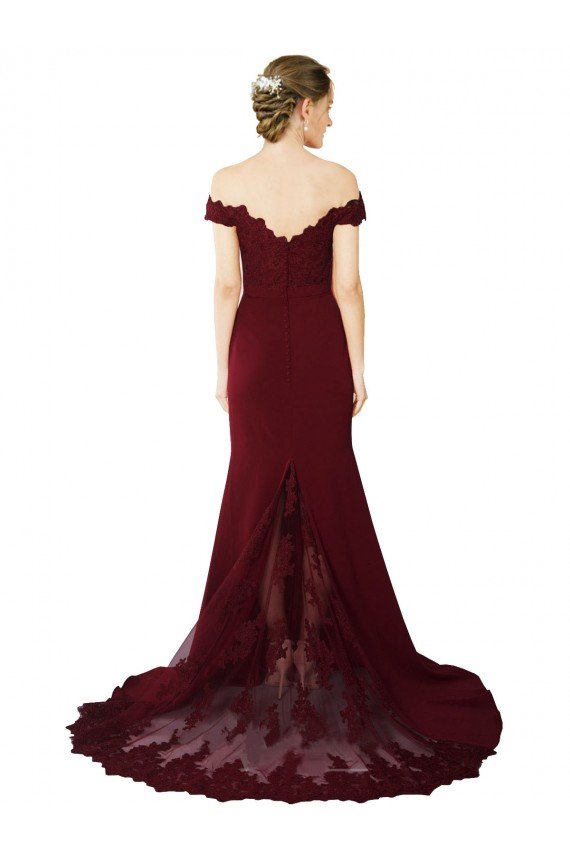 Full Length Off the Shoulder Formal Crepe Prom Dress with Lace On Bodice and Back UK