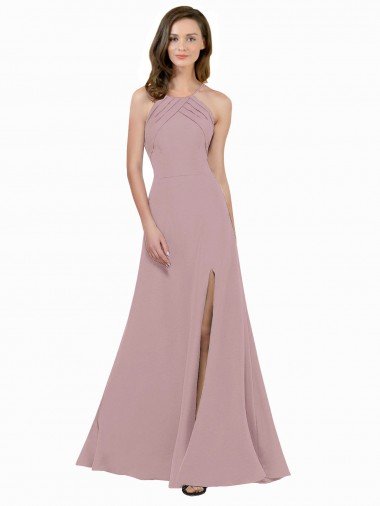 High Neck Crepe Prom Dress with Pleats and Keyhole Back UK