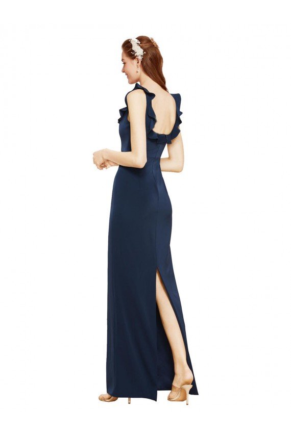 Scoop Neck with Ruffles Long Crepe Prom Dress with Back Slit UK