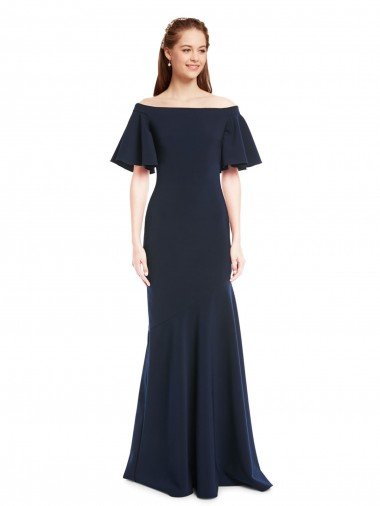 Off the Shoulder Crepe Prom Dress with Short Ruffle Sleeves. UK