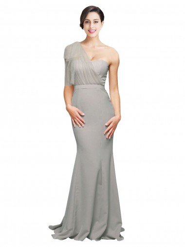 Long Sweep Train Sweetheart Crepe Prom Dress with Tulle One Shoulder UK