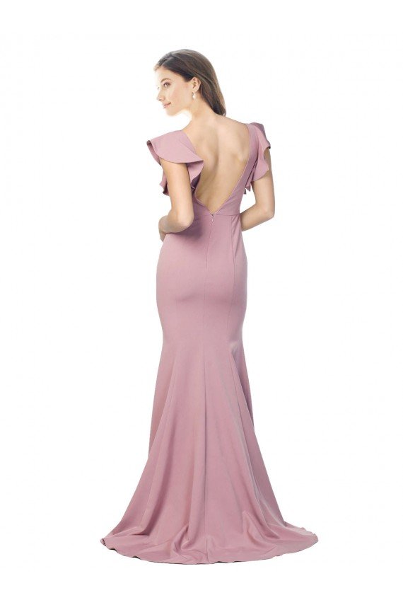 Flutter Sleeves Low V-Back High Round Neck Crepe Prom Dress UK