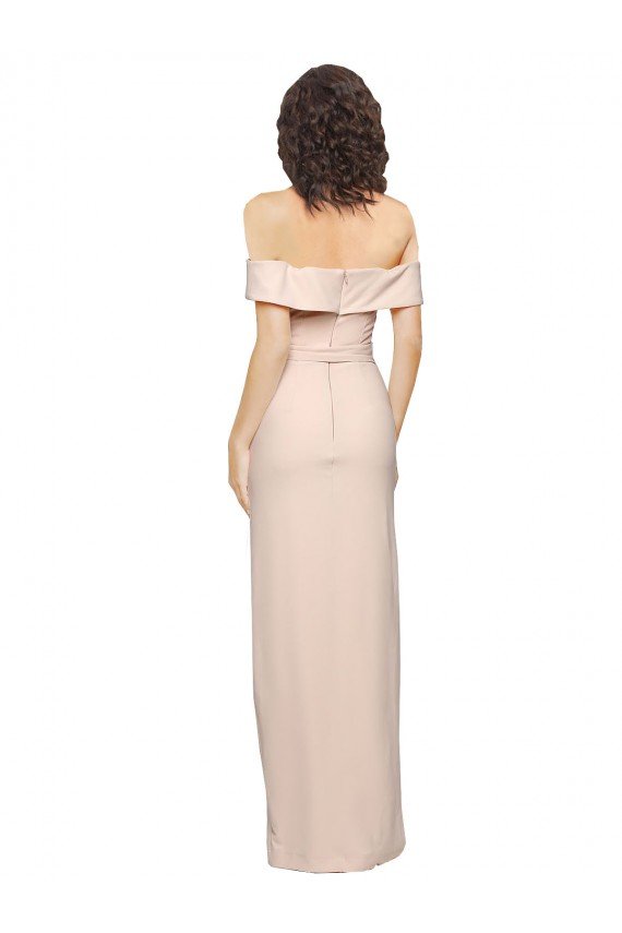 Off the Shoulder Long Crepe Prom Dress with Waist Tie and Slit UK