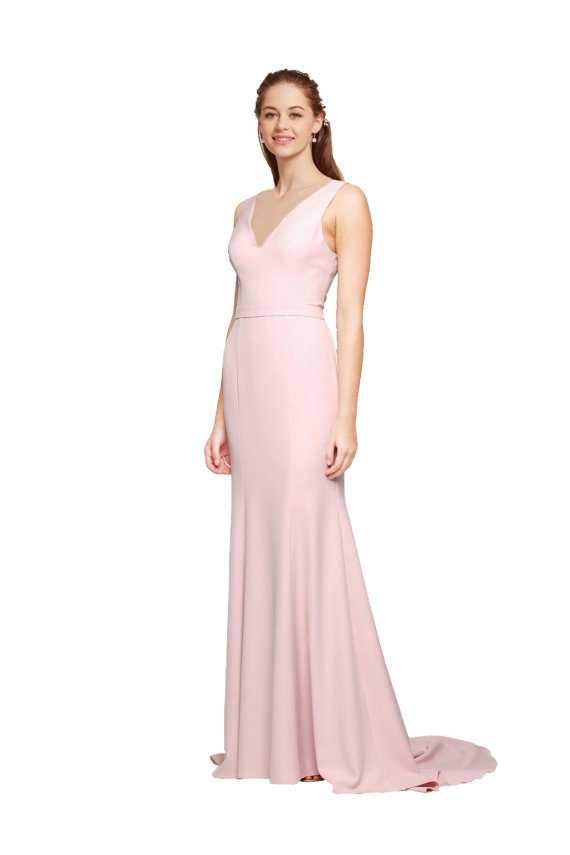Deep V-Neckline and Back Long Sweep Train Crepe Prom Dress with Shoulder Straps UK
