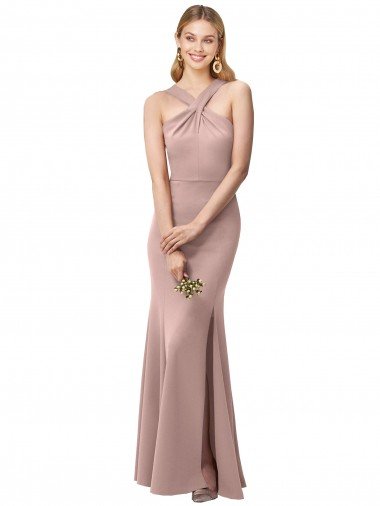 Long Floor Length High Neck Fit and Flare Stretch Crepe Prom Dress with Side Slit UK
