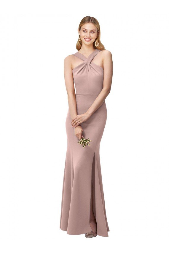 Long Floor Length High Neck Fit and Flare Stretch Crepe Prom Dress with Side Slit UK