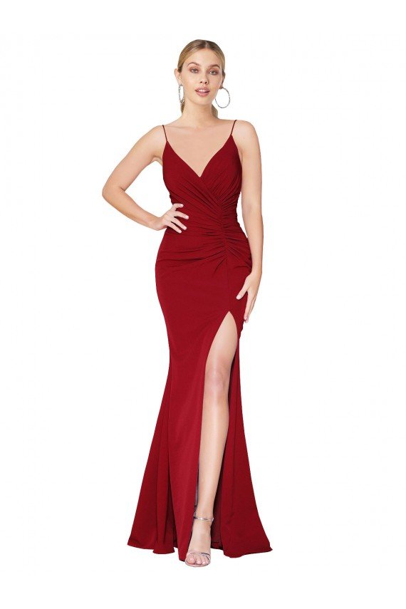 Spaghetti Straps V-Neck Long Crepe Dress with High Slit UK